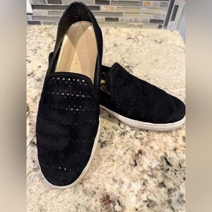 Via Spiga Women’s Black Suede Laser Cut Slip-On Sneakers, Size 9